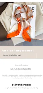 Gros plan d'un foulard carré de 70cm avec motifs floraux géométriques orange et brun