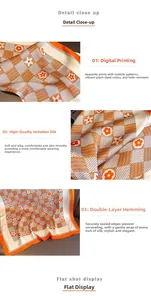 Vue détaillée d'une écharpe à damier avec imprimé floral et texture aspect soie