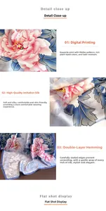 Detail of peony pattern silk scarf with digital printing and double-layered stitching