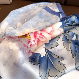 Elegant floral square silk scarf with blue and pink peony pattern and silk sheen