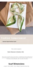Detail of green and white floral faux silk square scarf showing the smooth fabric texture