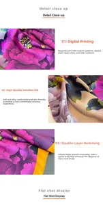 Macro shot of silk-like satin scarf with digital floral print and double-stitched edges