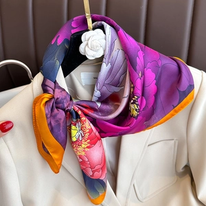Elegant floral print satin silk neck scarf for women featuring bold purple and orange colors