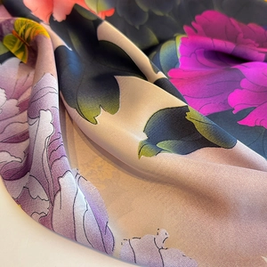 Elegant floral print satin silk square scarf with vibrant peony patterns and smooth gloss