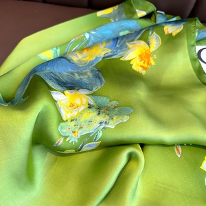Elegant green floral silk scarf with yellow blooms and satin finish for women