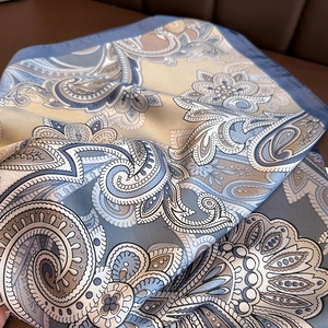 Elegant paisley silk square scarf for women in grey blue and khaki tones with floral pattern