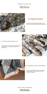 Detailed view of digital floral print and double-stitched edges on silk satin scarf