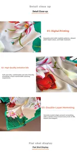 Detail of floral lotus pattern digital print on soft silk-like scarf with hemmed edges