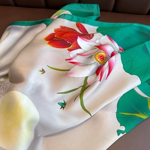Elegant ivory and green silk scarf with lotus and butterfly digital prints for women