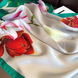 Elegant champagne satin silk scarf with lotus pattern and deep green border details