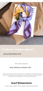 Detail of 70x70cm purple silk scarf with yellow floral prints on a beige blazer