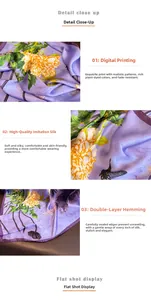 Detail of purple faux silk scarf showing digital peony print and fine double stitching
