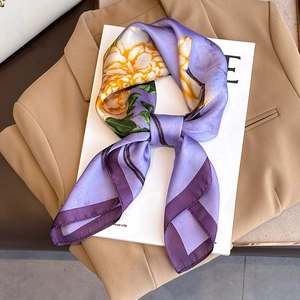 Women Elegant Purple Faux Satin Square Scarf Flower Bird Print Fashion Satin Neckerchief Retro Headband Hair Accessory
