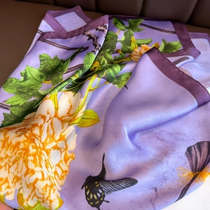 Elegant purple silk square scarf featuring yellow peonies and butterfly floral prints
