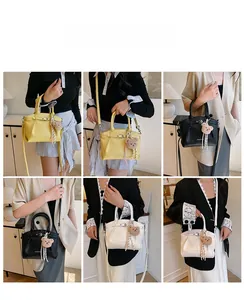 Collage of leather tote bags in yellow, black and white with cute teddy bear pendants