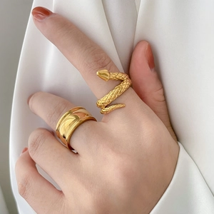 Detalle de un anillo de serpiente dorado y una banda ancha pulida sobre fondo de seda