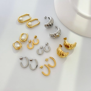 Minimalist Titanium Steel Geometric Hoop Earrings For Women C Shaped U Shape Croissant Faux Artificial Pearl French Style Polished
