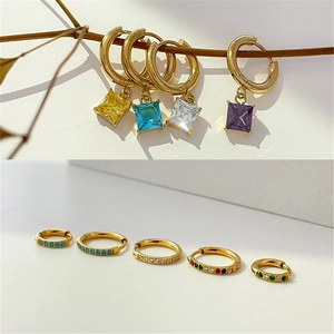 Stainless Steel Gold Plated Hoop Earrings Colorful Square Cubic Zirconia Geometric Paved Huggies For Women Fresh Style
