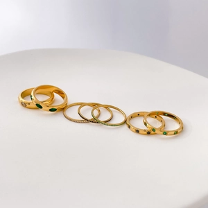 Women Minimalist Gold Plated Stainless Steel Ring With Green Black White Zirconia Eye Design Pavé Band Stacking Jewelry