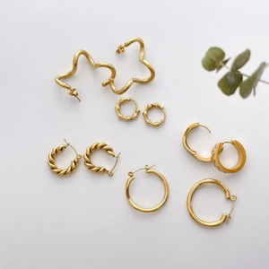 Geometric Titanium Steel Hoop Earrings Gold Plated Twist Wave Bamboo Checkerboard Zircon Minimalist Style Jewelry For Women