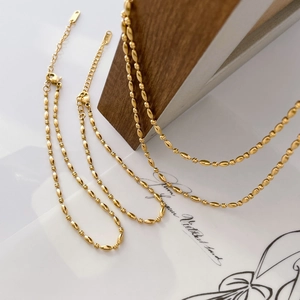 Minimalist 18k gold plated bead chain necklace and bracelet with oval link design
