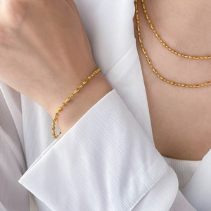 Minimalist 18k gold plated titanium steel oval bead jewelry set for women