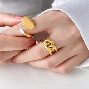 Minimalist gold plated stainless steel chunky chain and oval signet open rings for women