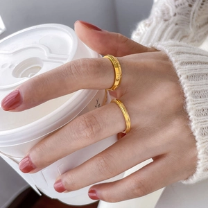 Gold 18K titanium steel ring set with Roman numerals and geometric textured details