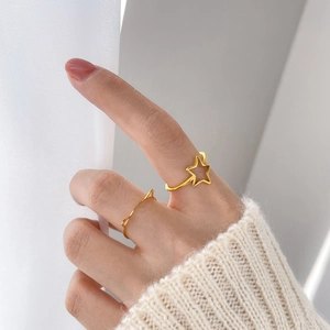 Detail of 18k gold plated stainless steel ring set with a hollow star design on a hand
