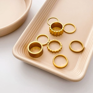 18K gold plated titanium steel gear rings in stacked wide and narrow fluted designs