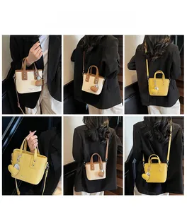 Multiple views showing a woman styling a mini bucket bag as a handbag and crossbody bag