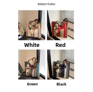 Collage of striped canvas tote bags in white, red, green, and black with rabbit charm
