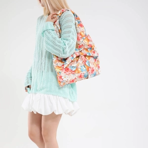 Floral print tote bag with oversized bow, large capacity shoulder bag for women