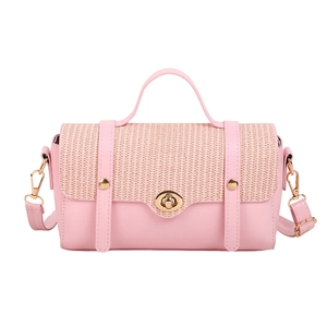 Pink patchwork crossbody handbag with woven texture and gold twist lock in summer style