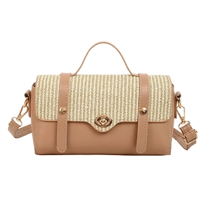 Two-tone khaki leather and straw handbag with golden rotary lock and adjustable strap