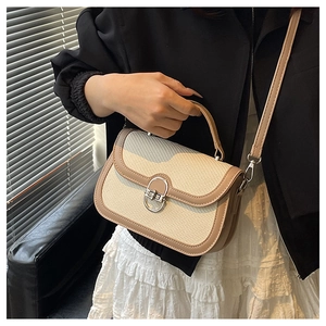 Detail of woven handbag with khaki leather trim and silver metal buckle closure