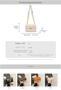 Detailed parameter chart for PU leather crossbody bag showing dimensions and four colors