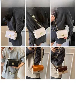 Collage of fashion chain crossbody bags showing four colors on a model for style variety
