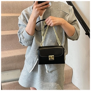 Close-up of black matte leather bag with golden square buckle and chain strap on stairs
