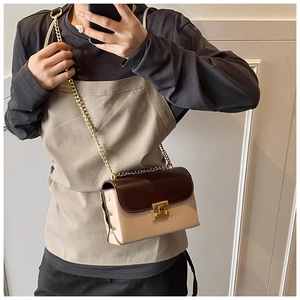 Close-up of the elegant gold chain strap and metal lock on the two-tone crossbody bag