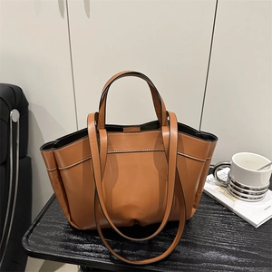 Large Capacity Women Tote Bag Contrast Stitching PU Leather Bucket Shoulder Bag With Inner Pouch Daily Office