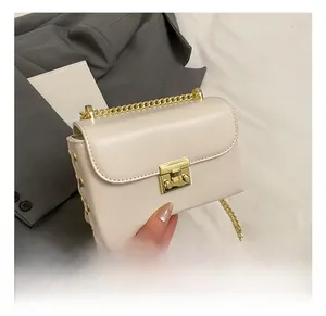 Close-up of cream square bag with gold lock buckle and metallic chain strap