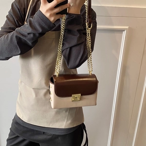 Chic two-tone leather crossbody bag with gold chain strap and rectangular metal lock
