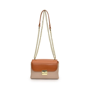 Fashionable beige and brown contrast crossbody square bag with gold chain and metal buckle