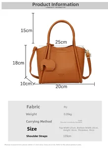 Detailed dimension chart showing brown pebbled leather bucket bag size and handle height