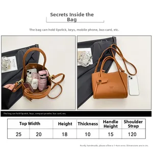 Detailed size chart and capacity display for the brown litchi pattern bucket bag