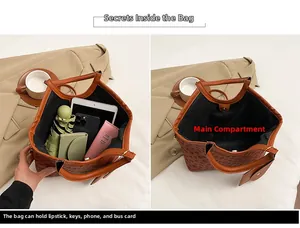 Detail view of large storage capacity for a vintage monogram tote bag with essentials