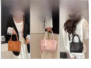 Brown pink and black bucket bags in litchi textured leather with adjustable straps