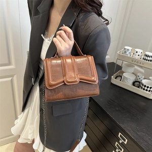 Brown crocodile pattern small square handbag with silver chain strap shown by a model