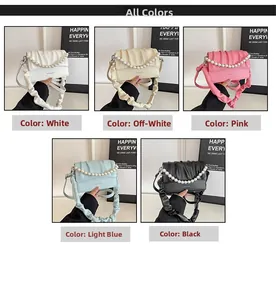 Collage of pleated handbags in five colors featuring pearl chains and ruched straps